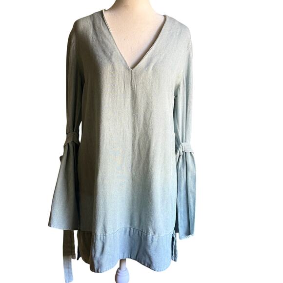 PFEIFFER the Label Light denim Shift Mini Dress With Tie Bell Sleeves Small - Picture 1 of 7